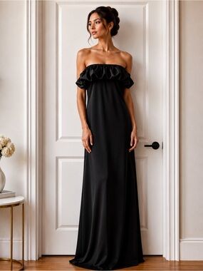 Dynamite Elegant Black Satin Statement Ruffle Formal Evening Gown